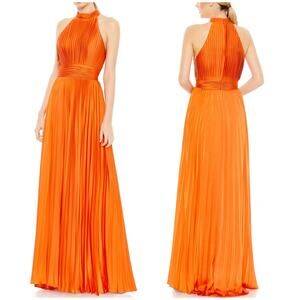 Mac Duggal NWT Orange Pleated High Neck Satin Sleeveless Halter Gown Size 0